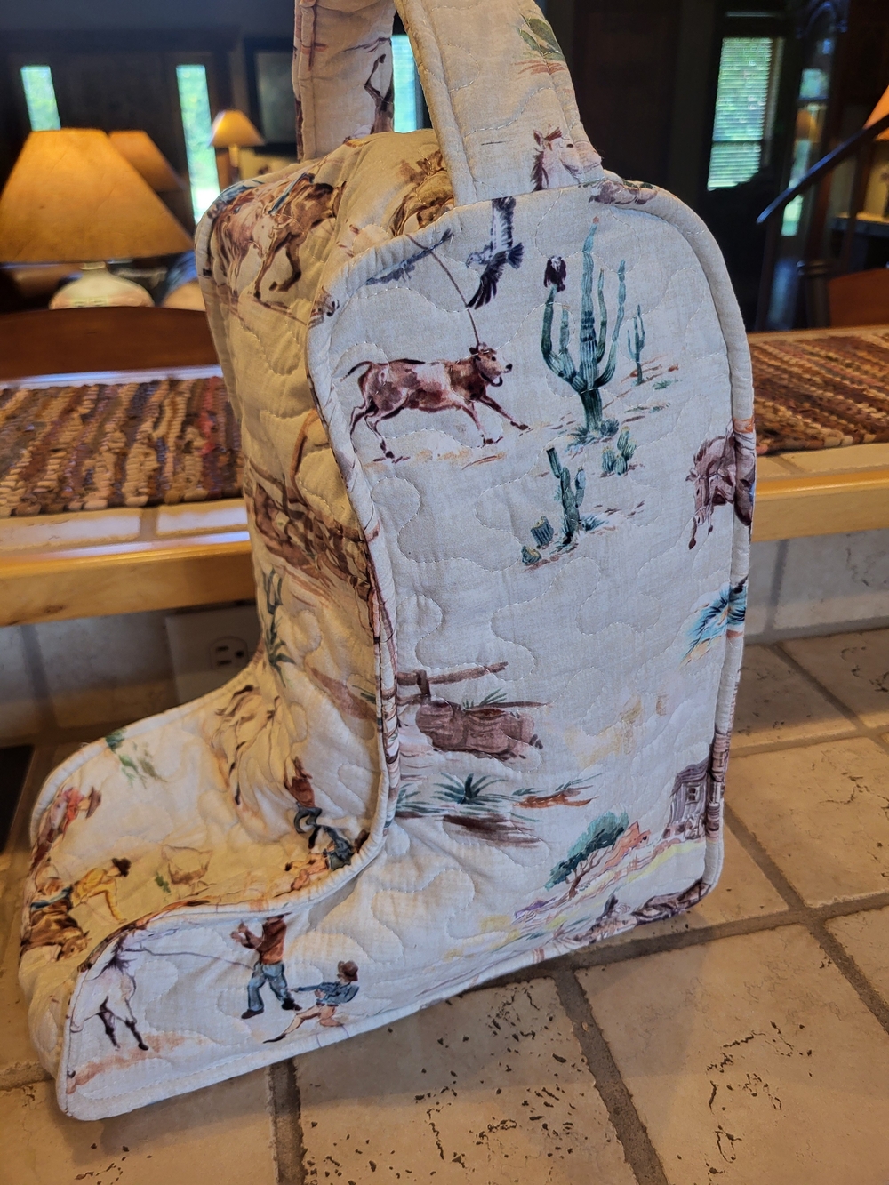 Western Print Quilted Boot Bag in Cream